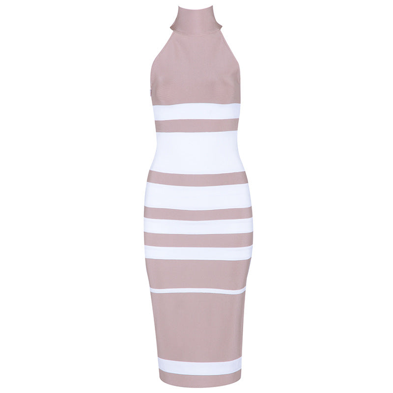 Hanging neck round neck striped contrast color knitted dress