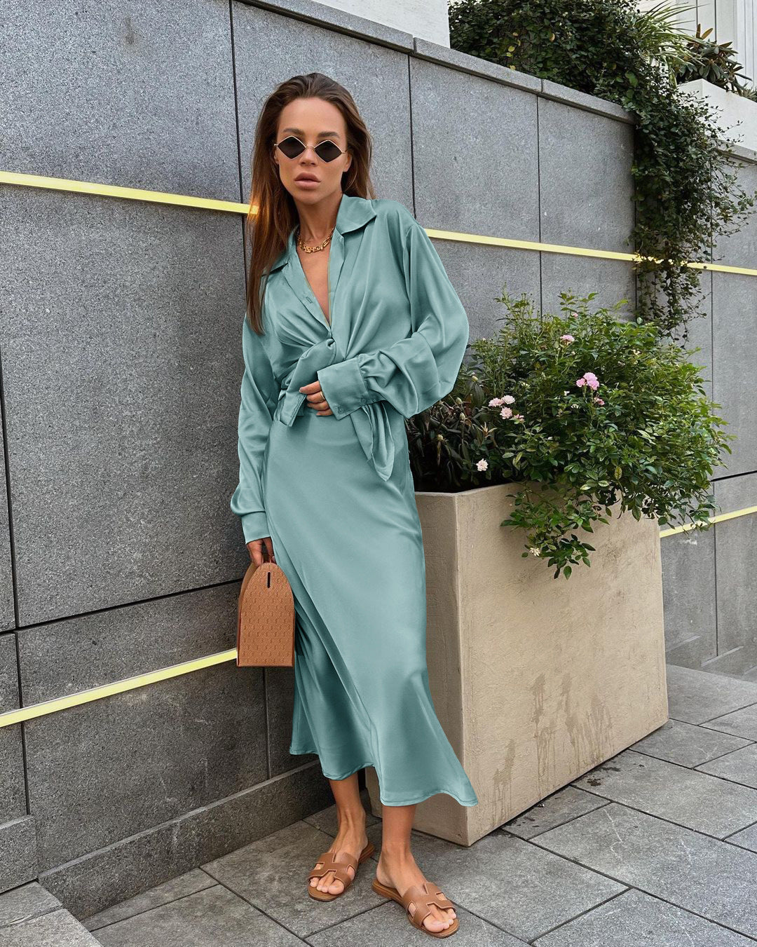 French Satin Suit Collar Top High Waist Fishtail Skirt Two-piece Suit