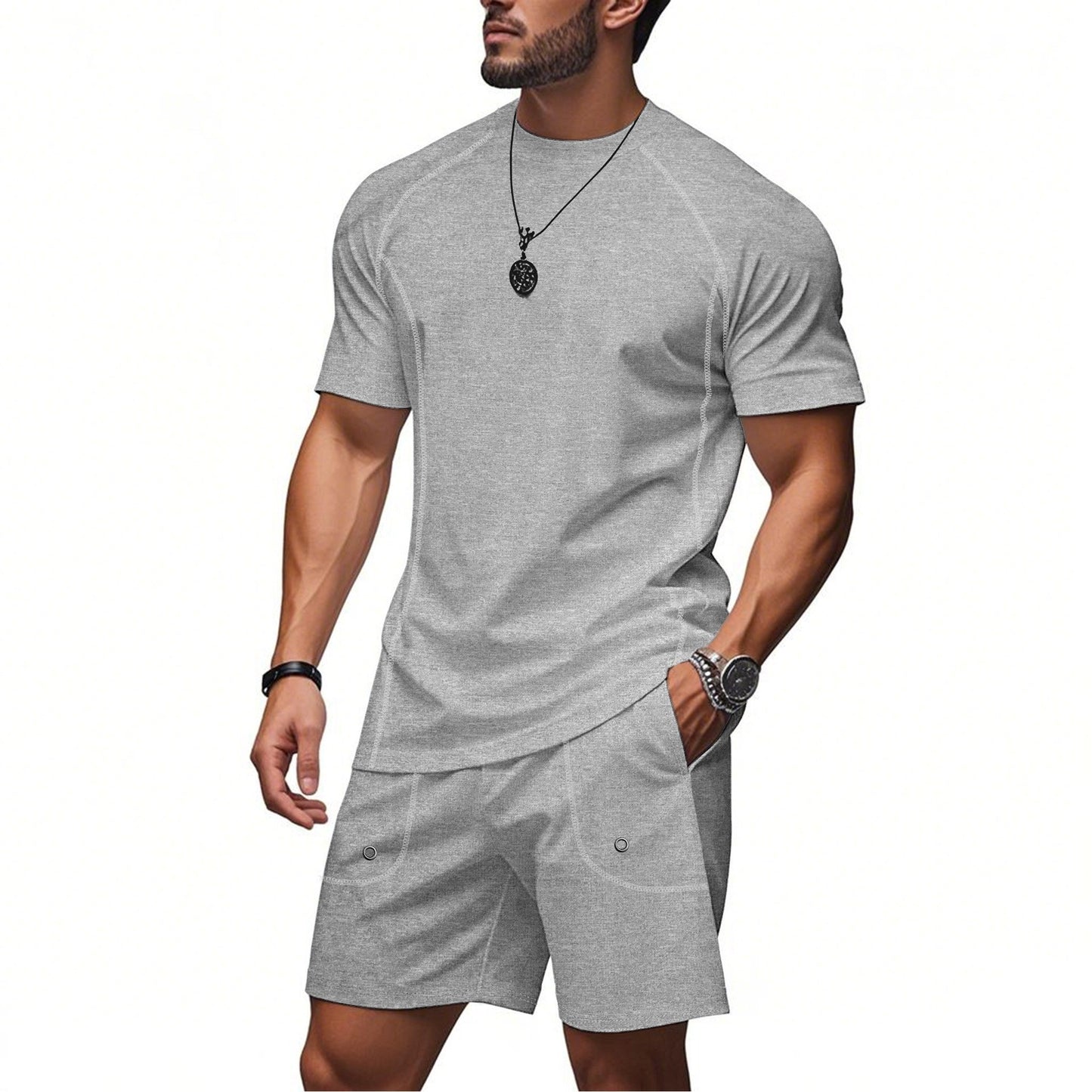 Loose Casual Solid Color Minimalism Short Sleeve Shorts Suit