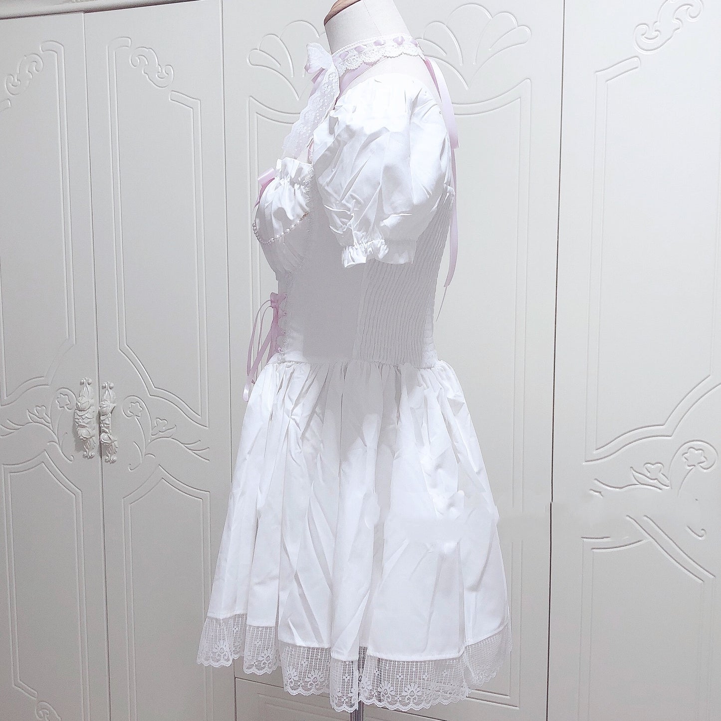 Retro Square Neck Puff Sleeve Tie Up Waist Lace Dress