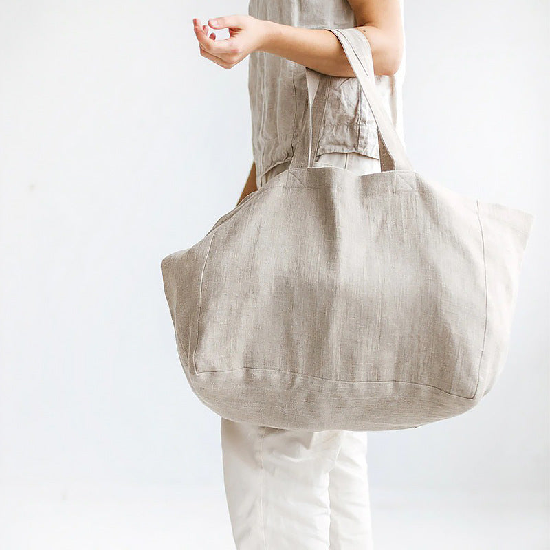 Large Beach Bag Natural Pure Linen Large Capacity Handbags