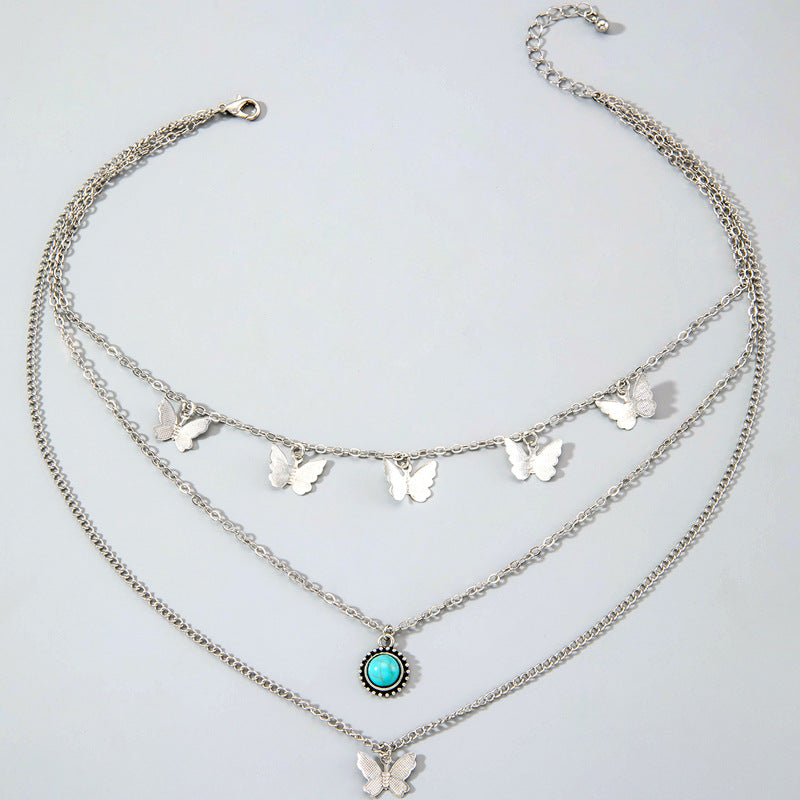 Ornament Retro Ethnic Style Simple Alloy Tassel Butterfly Inlaid Turquoise Multi-layer Necklace For Women
