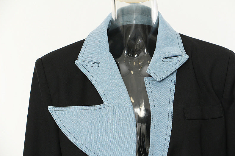Autumn New Denim Stitching Asymmetric Suit Jacket