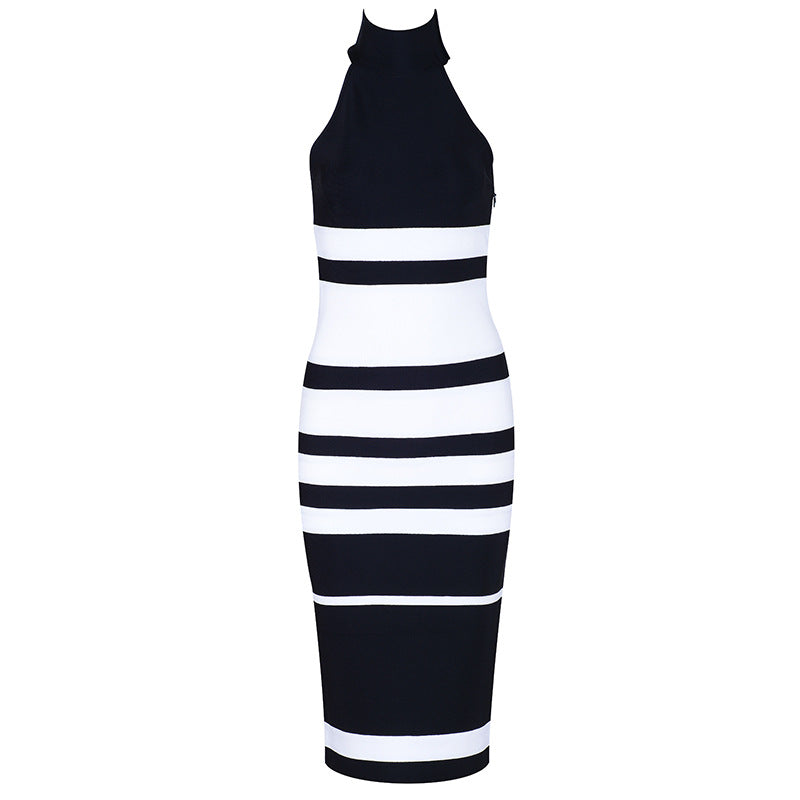 Hanging neck round neck striped contrast color knitted dress