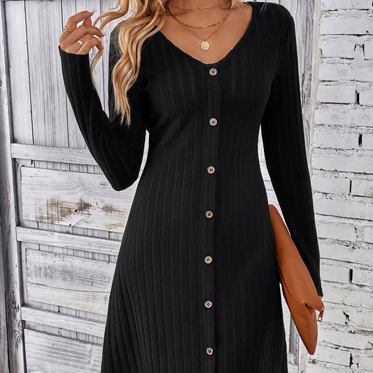 Fashion Button Waist-controlled Long Sleeves Dress