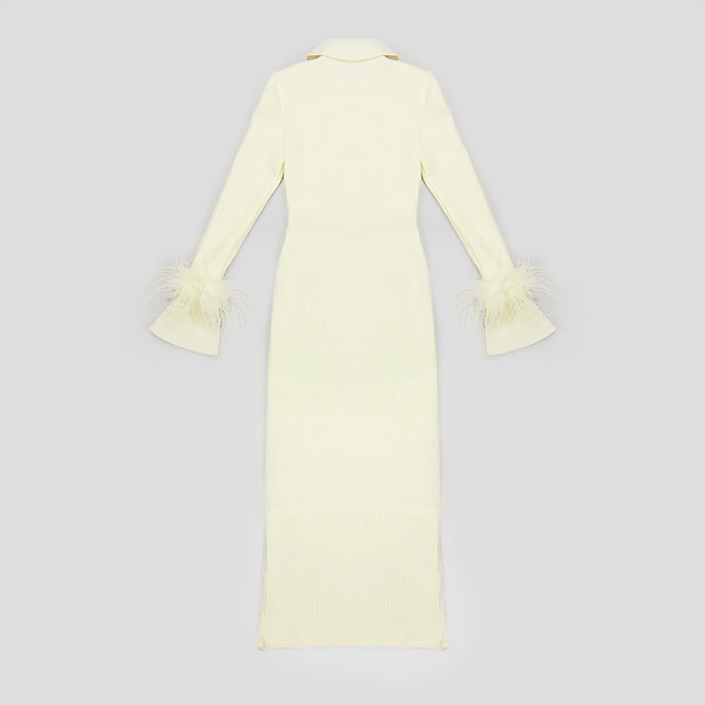 Long Sleeve Elastic Standing Neck Feather Cuff Bandage Dress