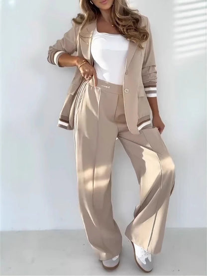 2 Pcs Set Women Suit Coat Pants Suit Lapel Long Sleeves Lady Jacket Wide Leg High Waist Trousers Female Commuting Office Outfit
