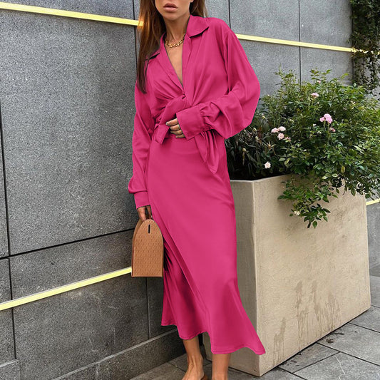 French Satin Suit Collar Top High Waist Fishtail Skirt Two-piece Suit