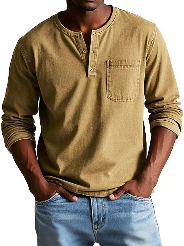 V-neck Long-sleeved T-shirt With Button Design Fashion Casual Solid Color Pullover Top Men's Clothing