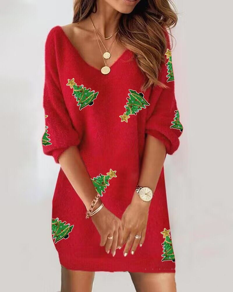 Lace V-neck Corn Velvet Off-the-shoulder Dress