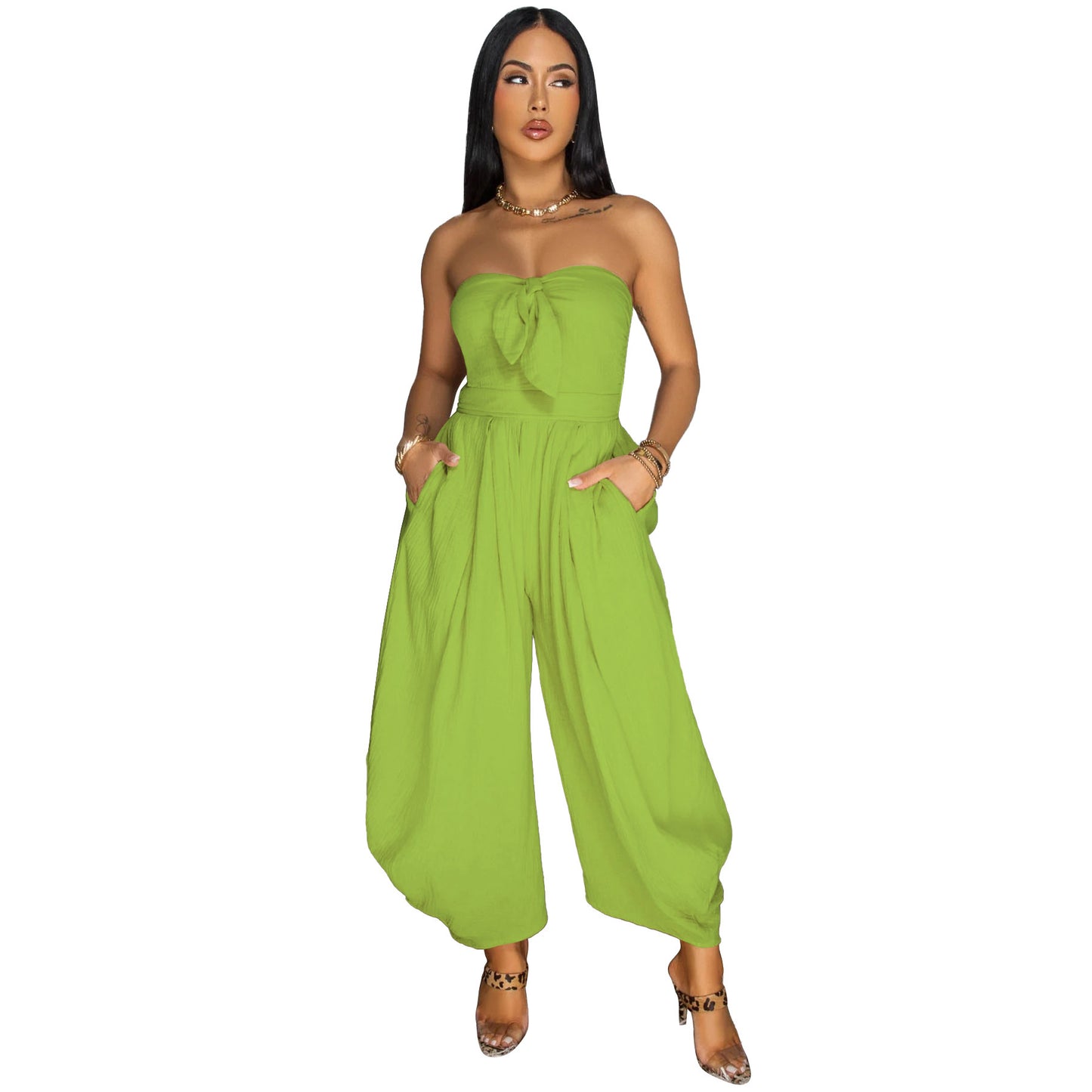 Women's Chest Wrap Collar Solid Color Jumpsuit