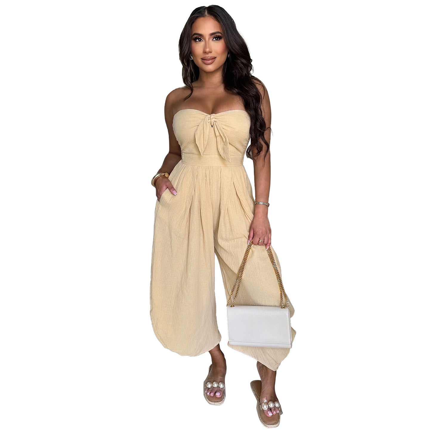 Women's Chest Wrap Collar Solid Color Jumpsuit