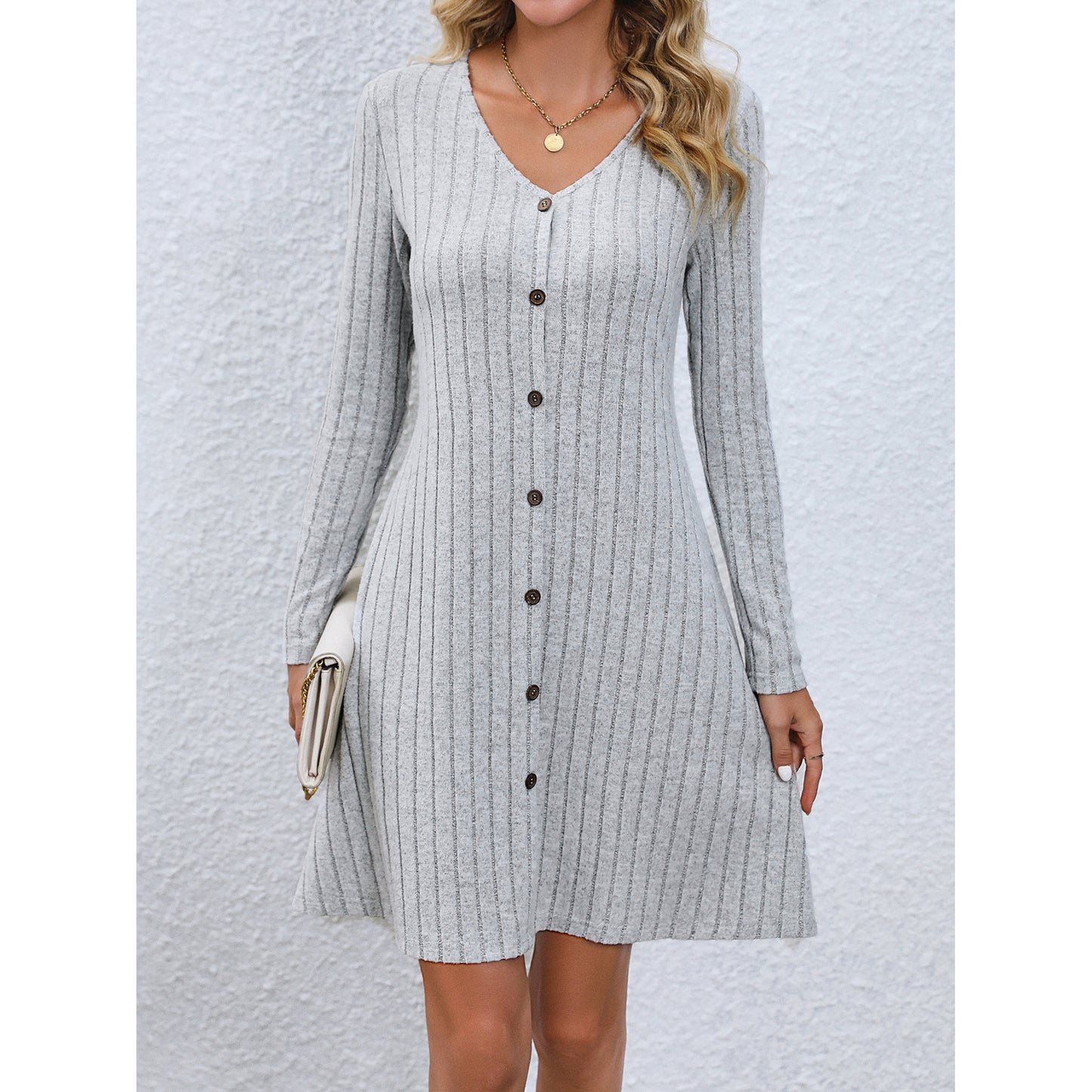 Fashion Button Waist-controlled Long Sleeves Dress