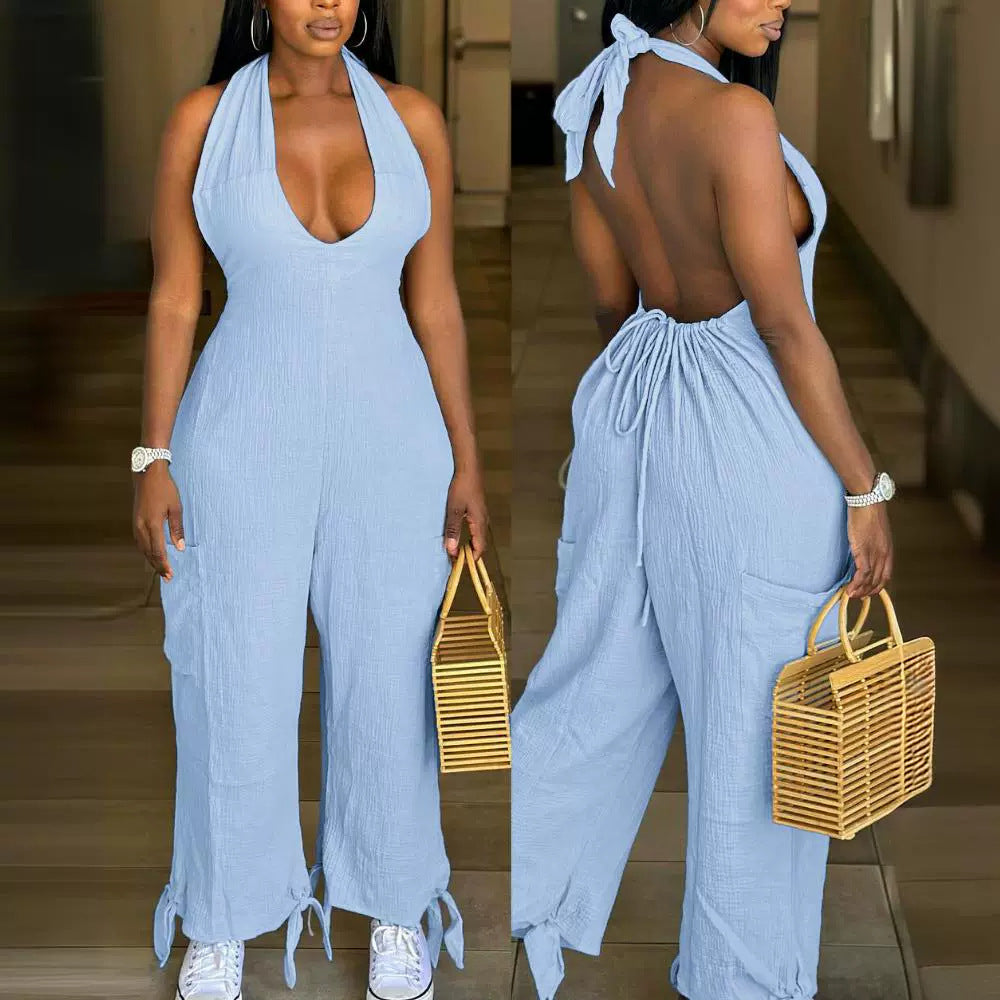 Casual Backless Halter Lace-up Casual Patch Pocket Bundle Foot Strap Jumpsuit