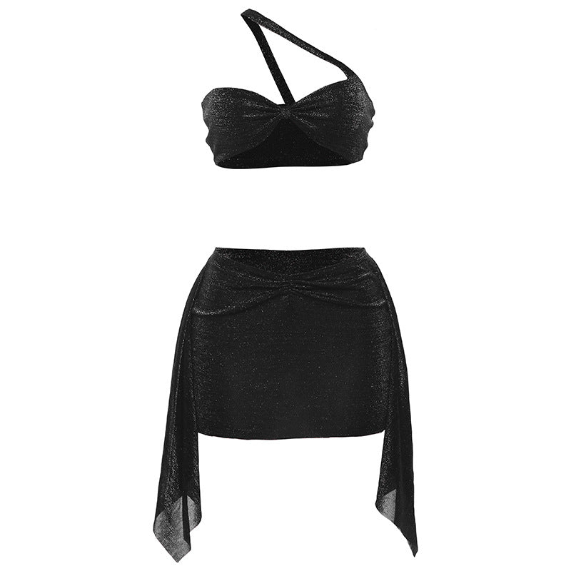 European And American Sexy Hot Girl Solid Color One-shoulder Halter Tube Top Hip Skirt Suit