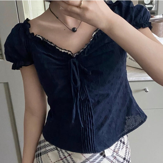 V-neck Lace Puff Sleeve Niche Shirt Short Sleeve
