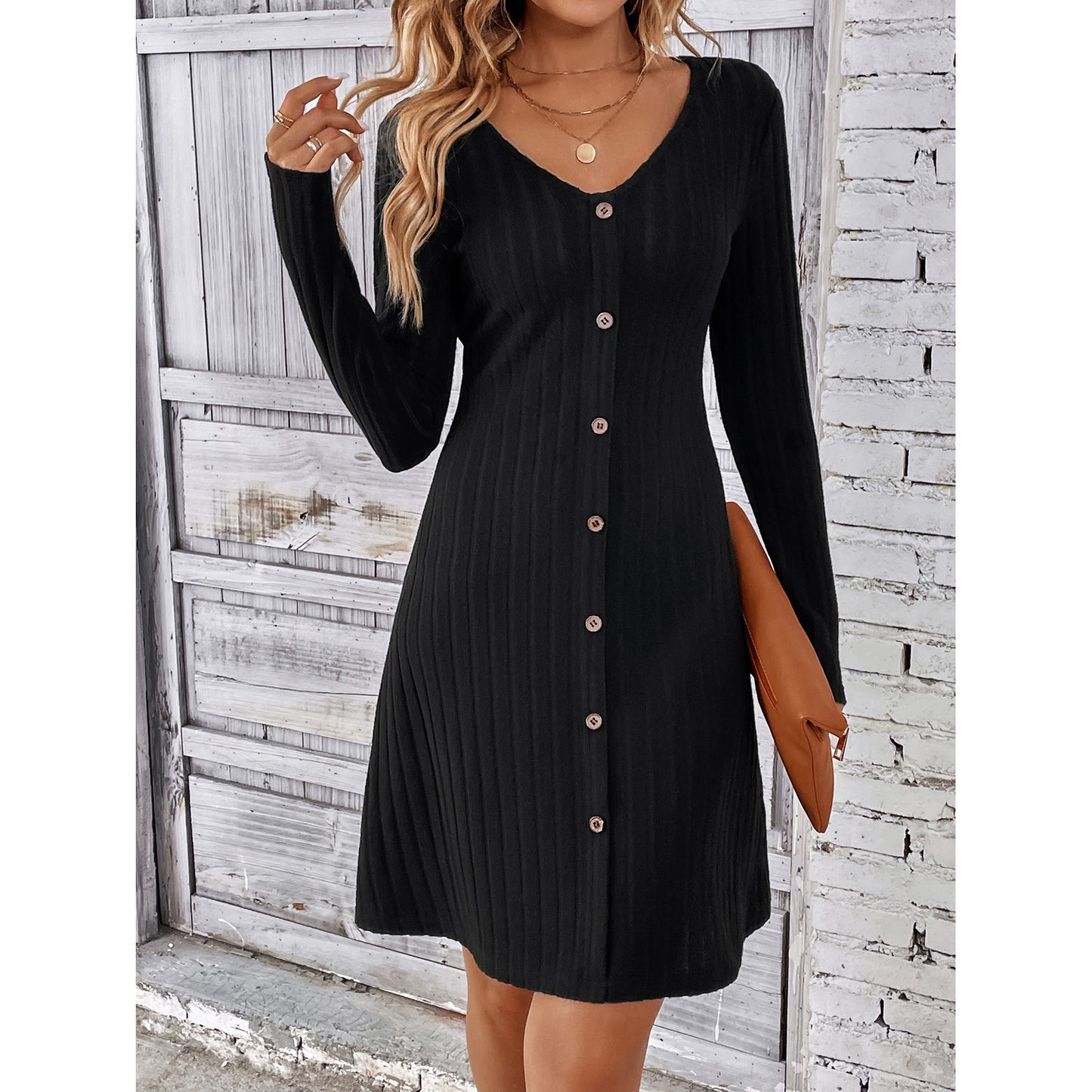 Fashion Button Waist-controlled Long Sleeves Dress