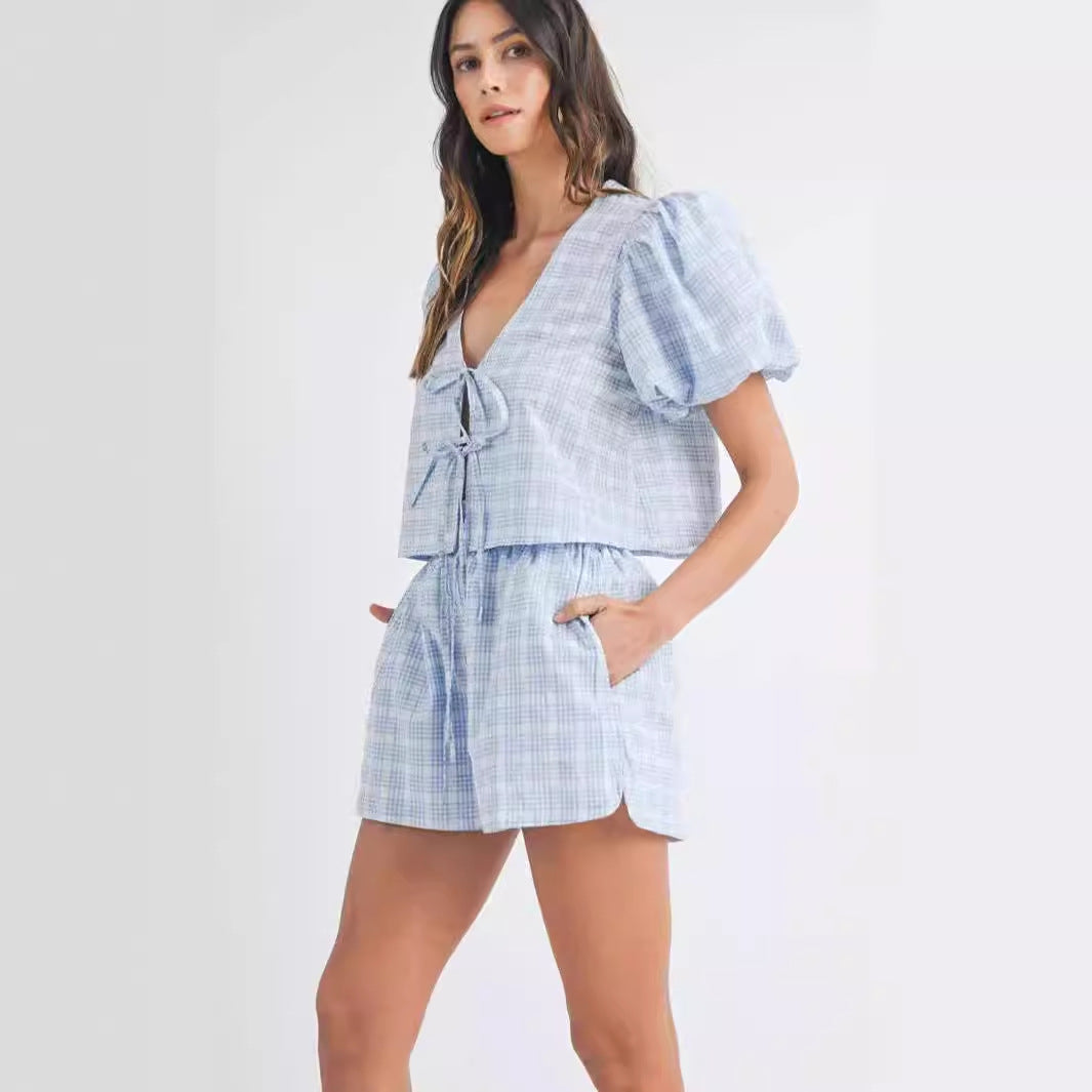 Temperament V-neck Lace-up Bow Puff Sleeve Top Casual Shorts Plaid Two-piece Set