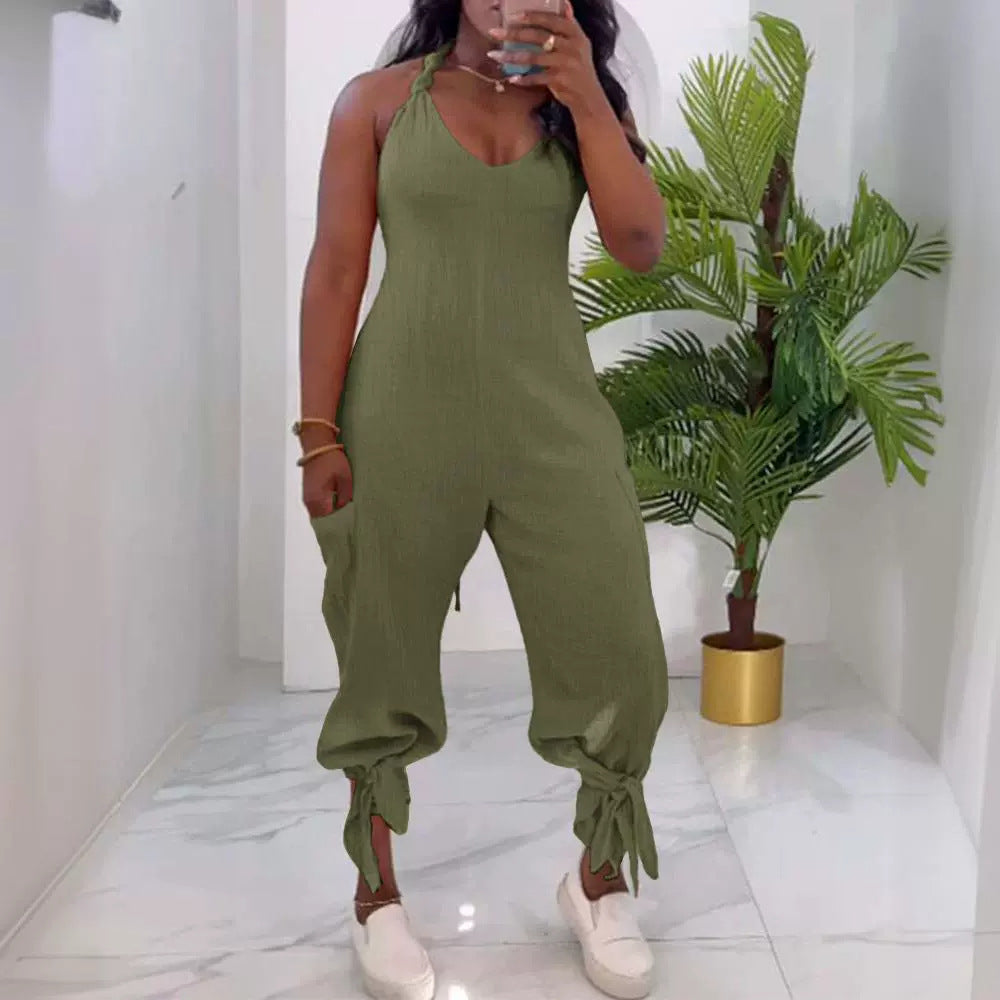 Casual Backless Halter Lace-up Casual Patch Pocket Bundle Foot Strap Jumpsuit