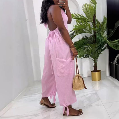 Casual Backless Halter Lace-up Casual Patch Pocket Bundle Foot Strap Jumpsuit