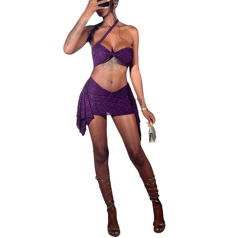 European And American Sexy Hot Girl Solid Color One-shoulder Halter Tube Top Hip Skirt Suit