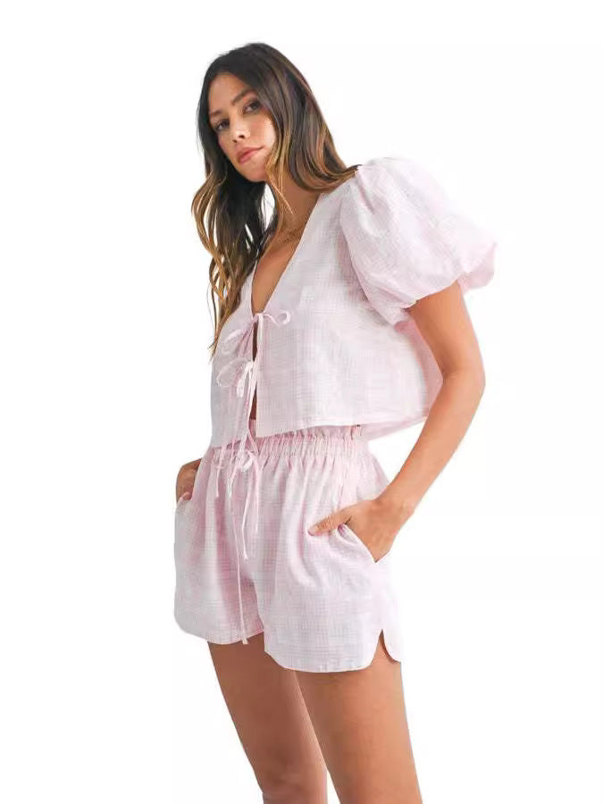 Temperament V-neck Lace-up Bow Puff Sleeve Top Casual Shorts Plaid Two-piece Set