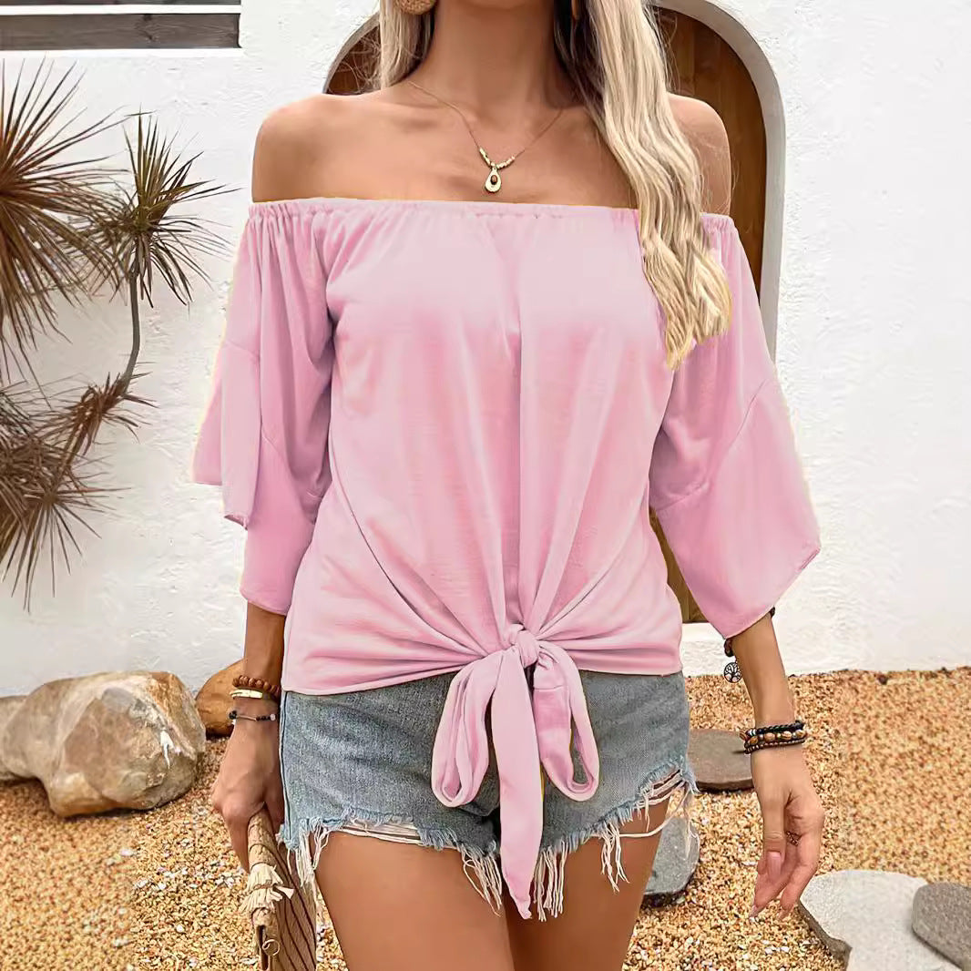 Summer Fall Women's Clothing Solid Color Off-shoulder Casual T-shirt Top