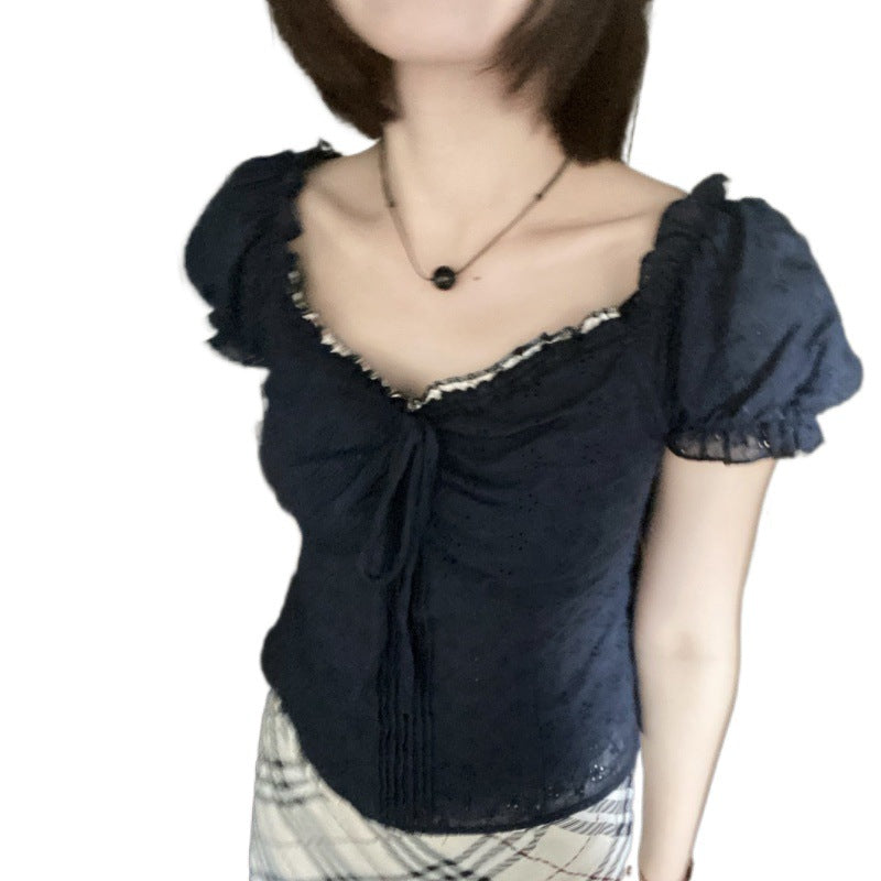 V-neck Lace Puff Sleeve Niche Shirt Short Sleeve