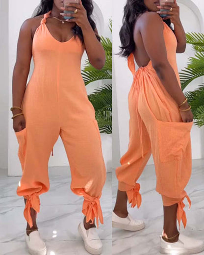 Casual Backless Halter Lace-up Casual Patch Pocket Bundle Foot Strap Jumpsuit