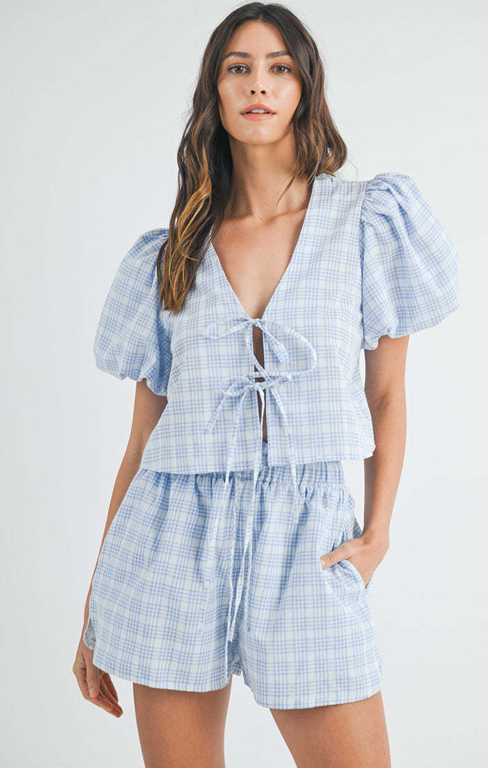 Temperament V-neck Lace-up Bow Puff Sleeve Top Casual Shorts Plaid Two-piece Set