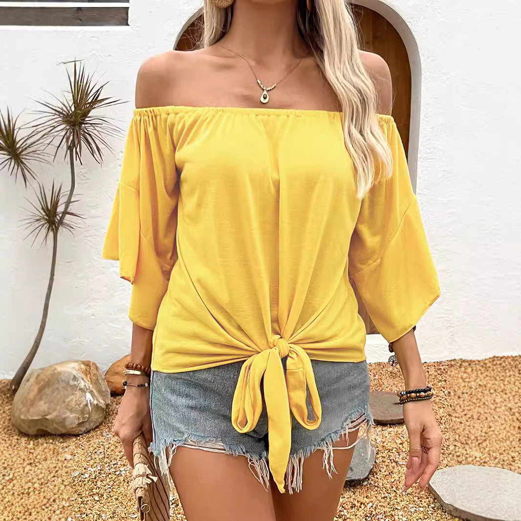 Summer Fall Women's Clothing Solid Color Off-shoulder Casual T-shirt Top