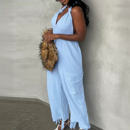 Casual Backless Halter Lace-up Casual Patch Pocket Bundle Foot Strap Jumpsuit