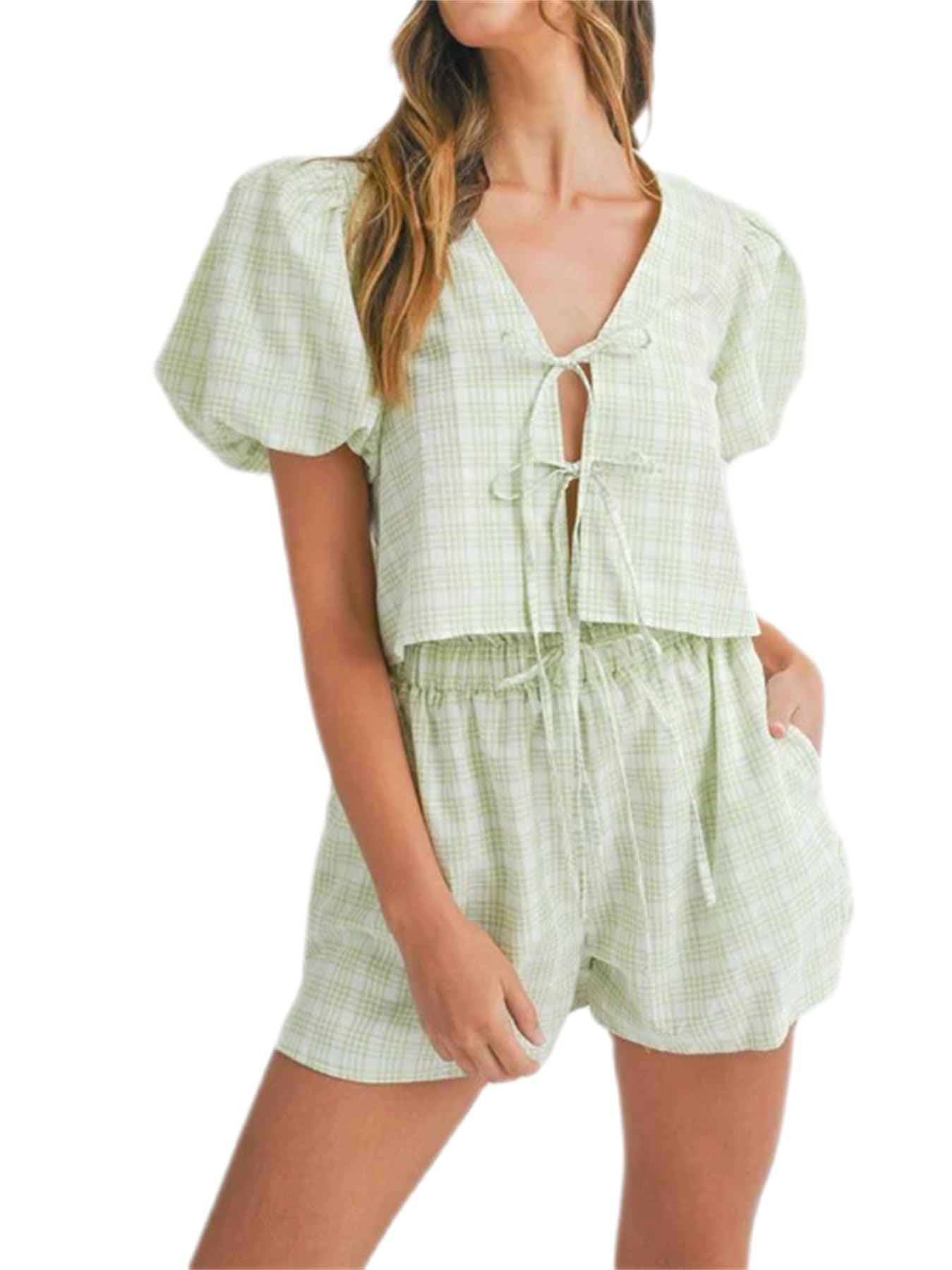 Temperament V-neck Lace-up Bow Puff Sleeve Top Casual Shorts Plaid Two-piece Set