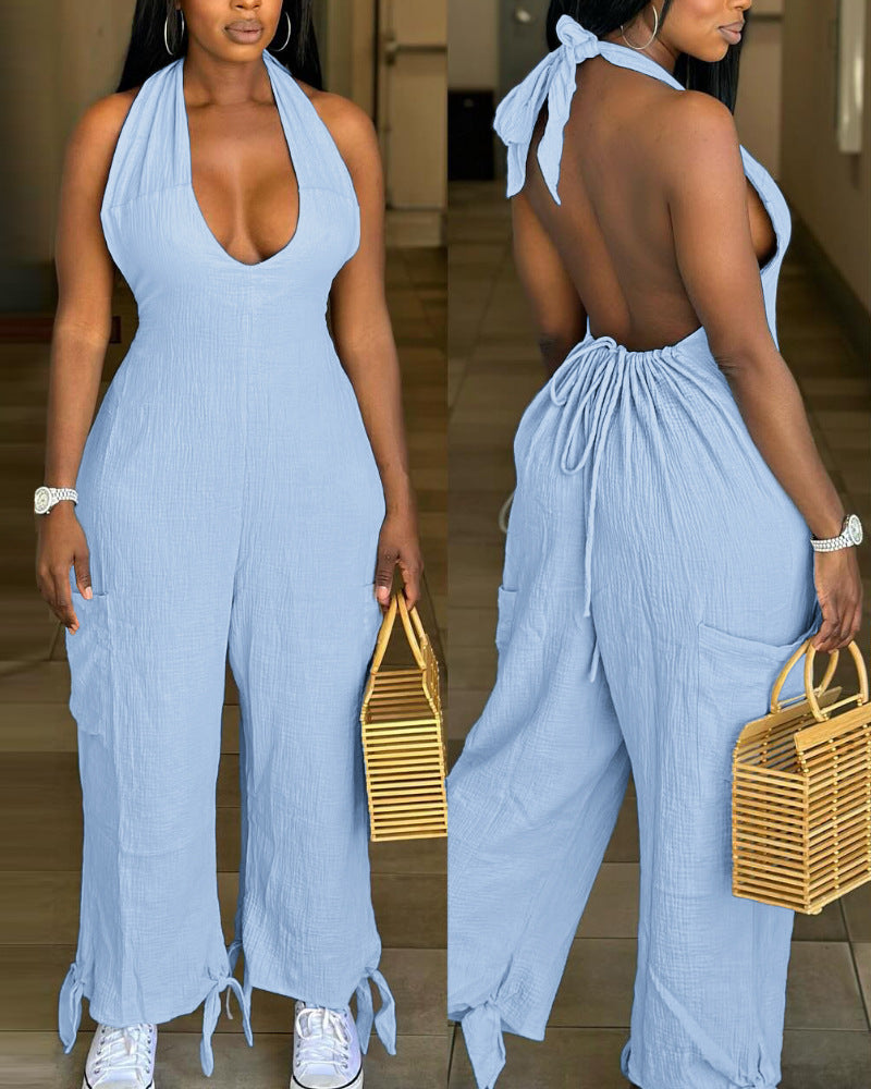 Casual Backless Halter Lace-up Casual Patch Pocket Bundle Foot Strap Jumpsuit