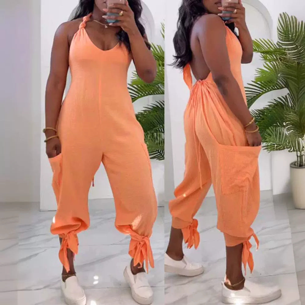 Casual Backless Halter Lace-up Casual Patch Pocket Bundle Foot Strap Jumpsuit