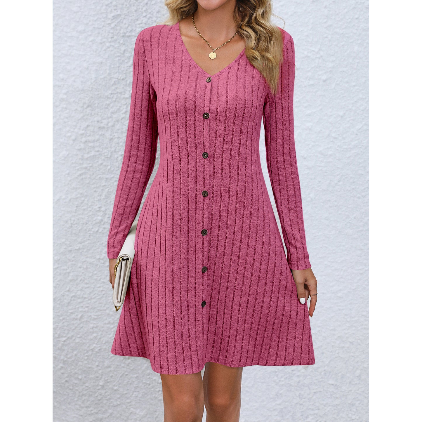 Fashion Button Waist-controlled Long Sleeves Dress