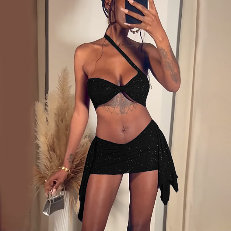 European And American Sexy Hot Girl Solid Color One-shoulder Halter Tube Top Hip Skirt Suit