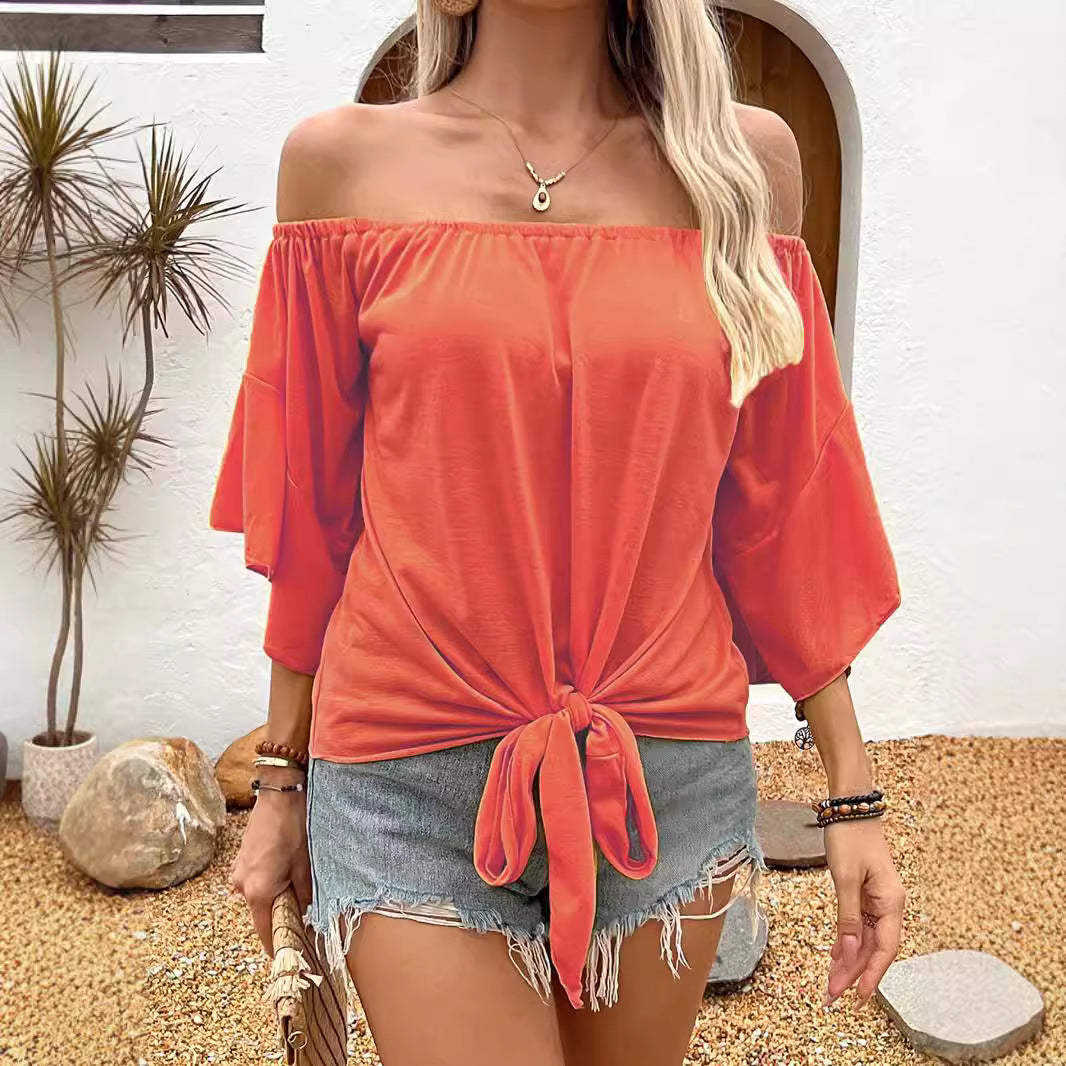 Summer Fall Women's Clothing Solid Color Off-shoulder Casual T-shirt Top