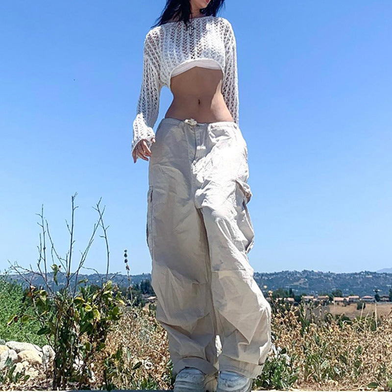 European And American West Coast Solid Color Pocket Stitching Low Waist Woven Casual Pants