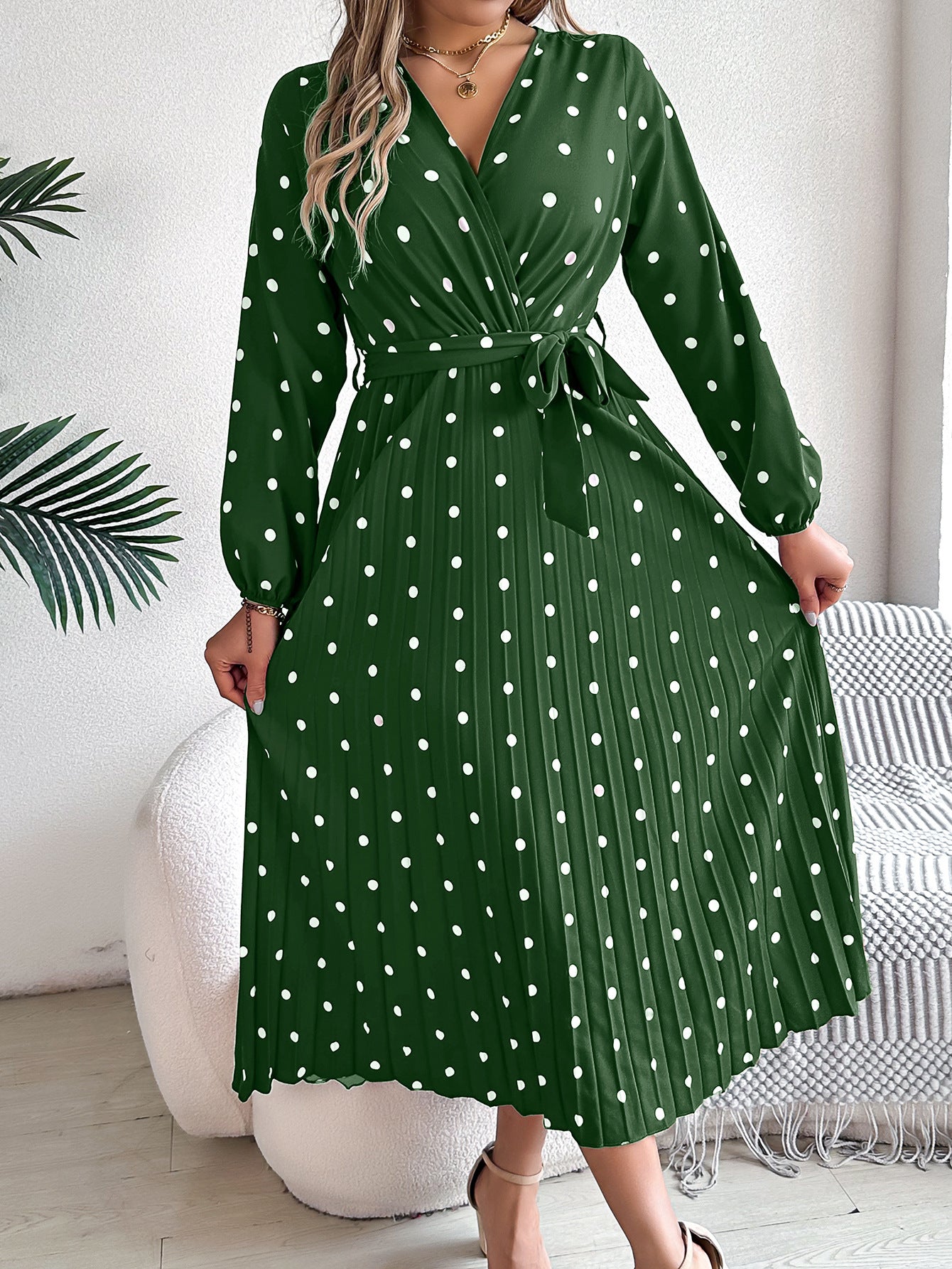 Spring Summer Elegant Long Dress Cross V-Neck Contrast Polka Dot Long Sleeve Pleated Bridesmaid Dresses