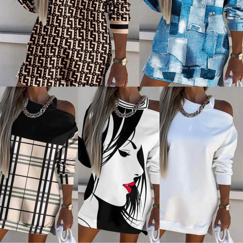 Women's Elegant Round Neck Off Shoulder Printed Long Sleeve Dress