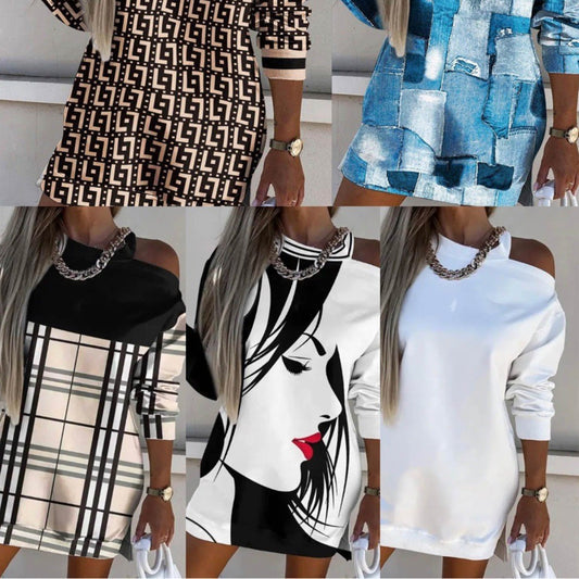 Women's Elegant Round Neck Off Shoulder Printed Long Sleeve Dress