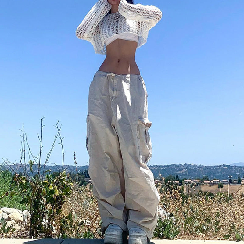 European And American West Coast Solid Color Pocket Stitching Low Waist Woven Casual Pants