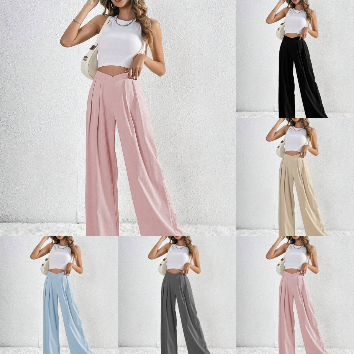 Summer New Solid Color Pleated Casual Wide-leg Pants Loose Casual Women's Commuting Versatile Style Comfortable TrousersS
