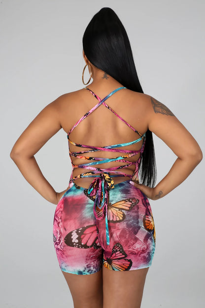 Women's Tie Dye Butterfly Print Sling Backless Jumpsuit