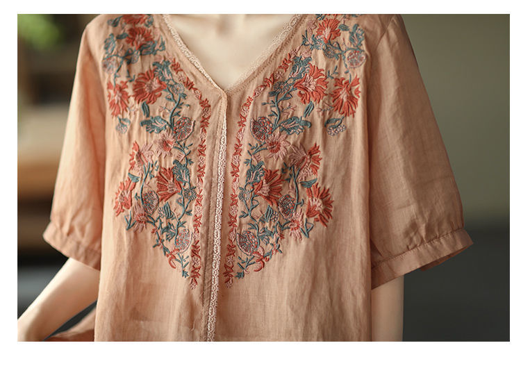 Retro Art Heavy Industry Embroidered Cotton And Hemp Top For Women