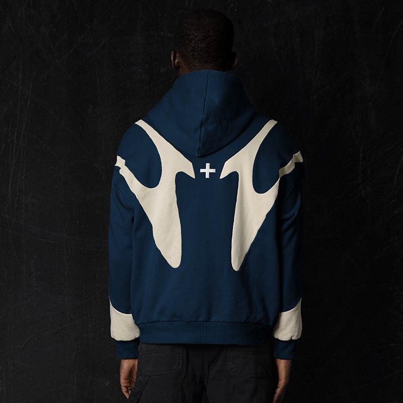 Pattern Stitching Trendy Hooded Cardigan Zipper Sweater