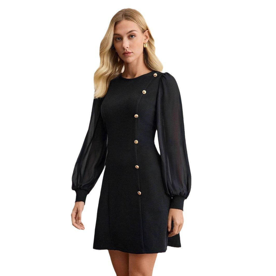 Women's Round Neck Clinch Slim Long Sleeve Solid Color Dress