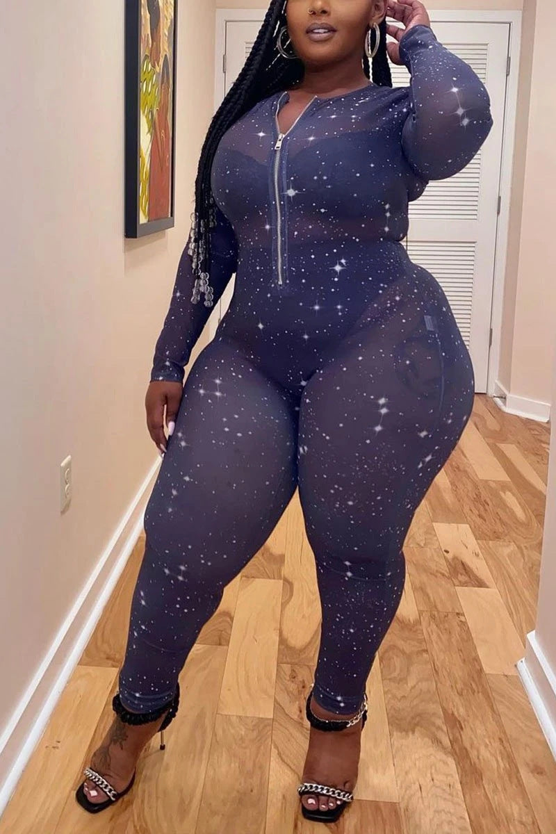 Hot Sale Sheer Temptation Printed Mesh Plus Size Jumpsuit