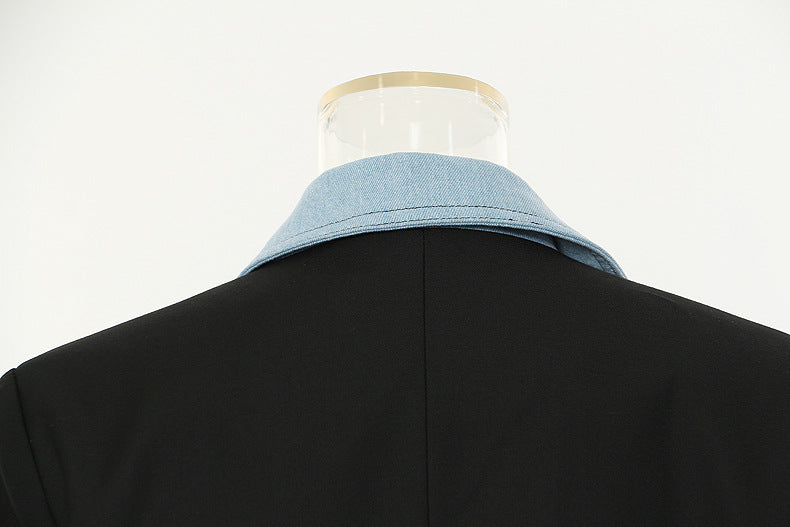 Autumn New Denim Stitching Asymmetric Suit Jacket